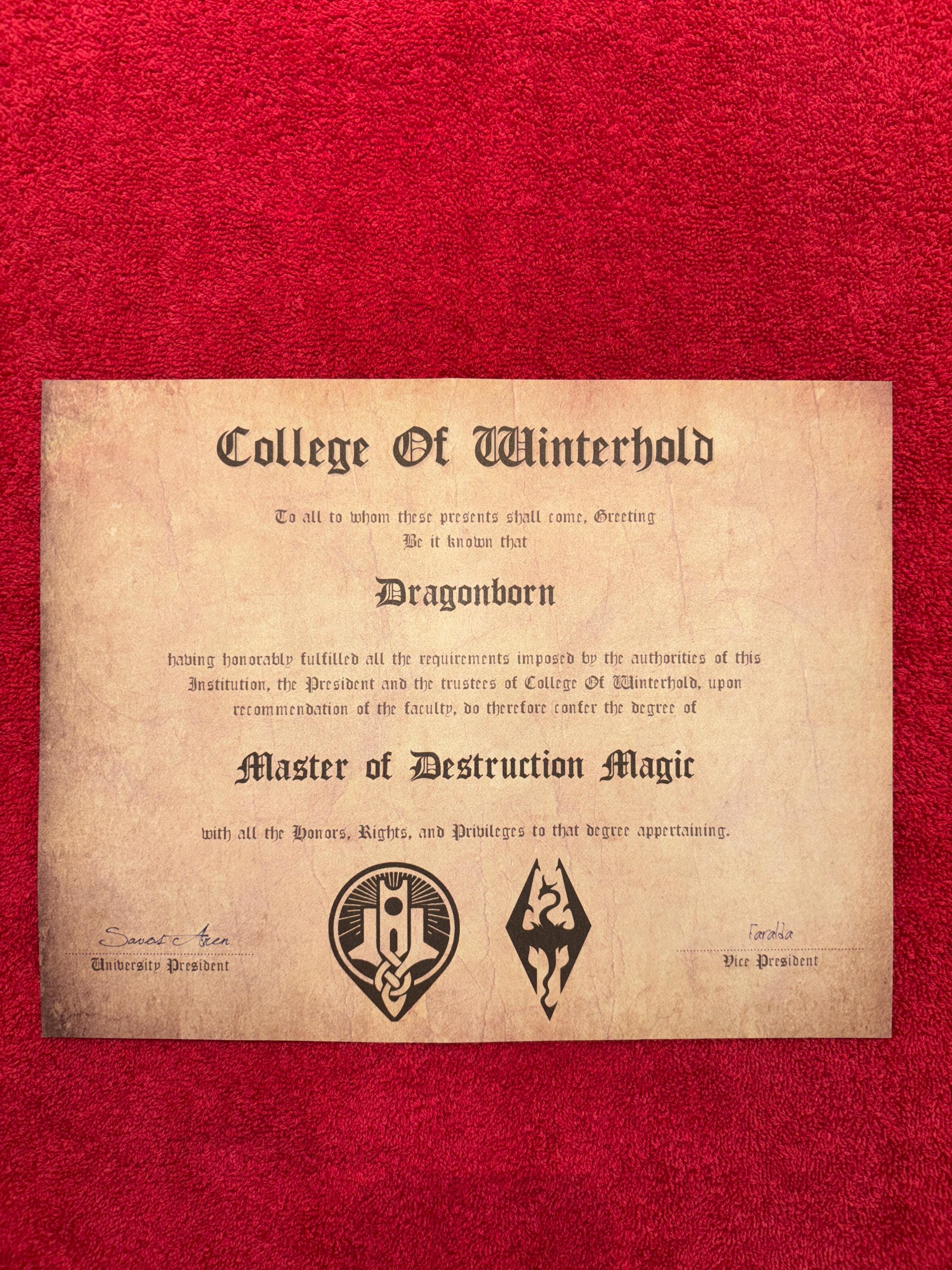 Skyrim Customizable College of Winterhold Degree Certificate
