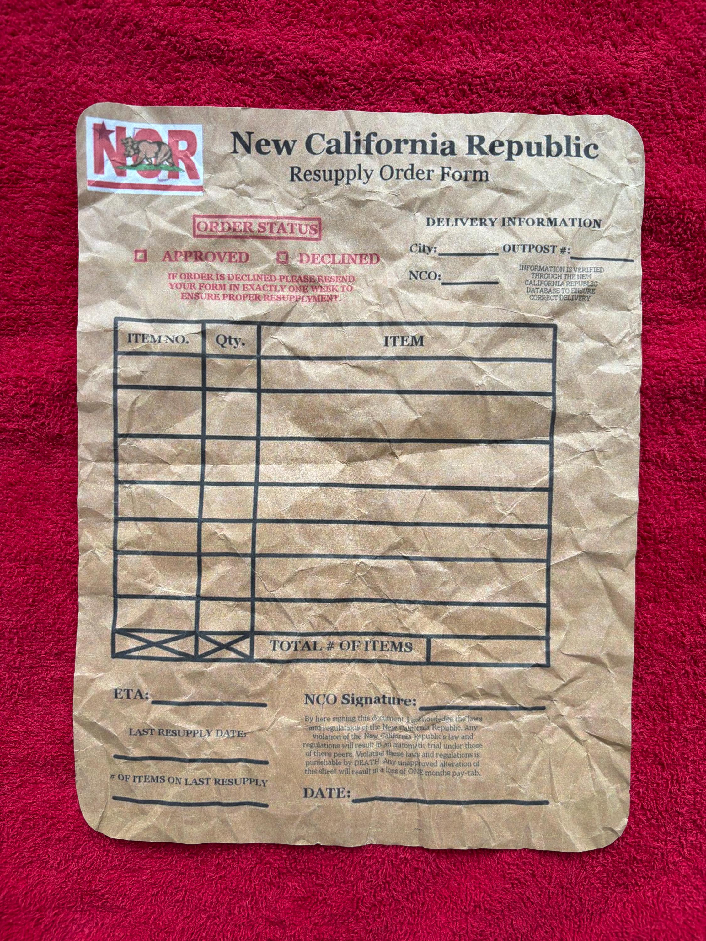 Fallout NCR Resupply Order Form